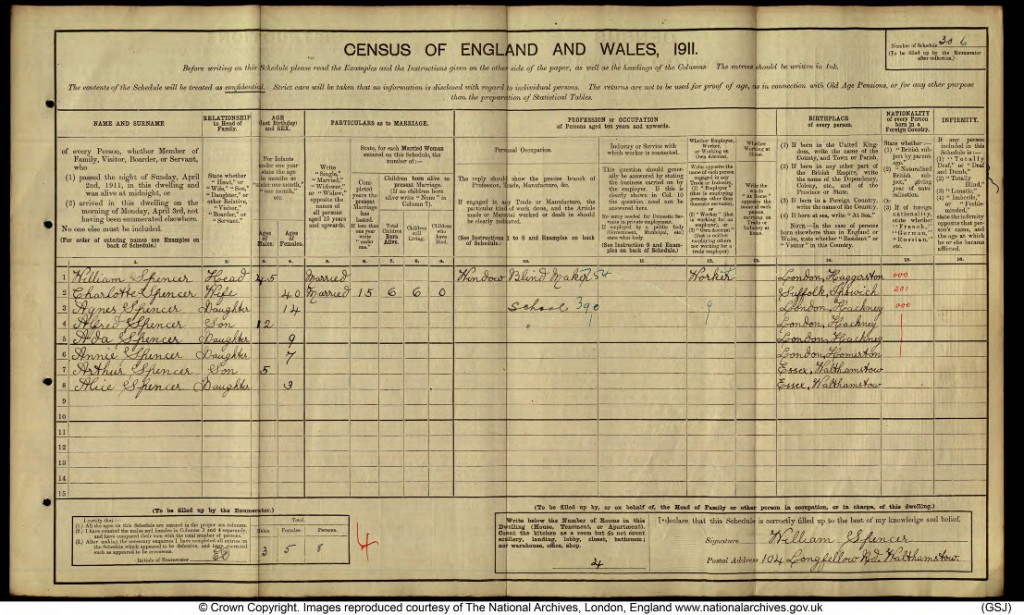 Census 1911 Spencers 104 Longfellow Rd