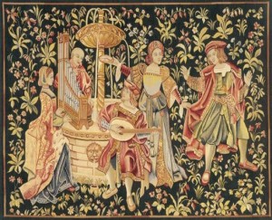 Millefeuille tapestry with musicians courtesy of Heirloom tapestries